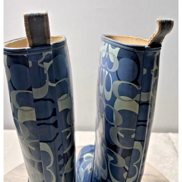Coach Paisley Womens Rubber Pull On Tall Rain Boots Blue All Over Logo Sz 7m - Picture 7 of 11